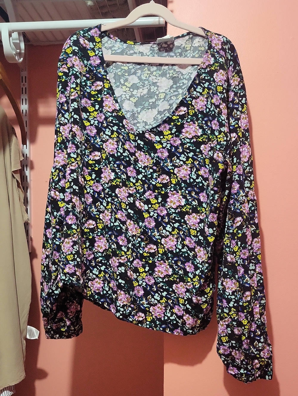 Floral V-Neck Long Sleeve Top - Black with Pink & Yellow Flowers